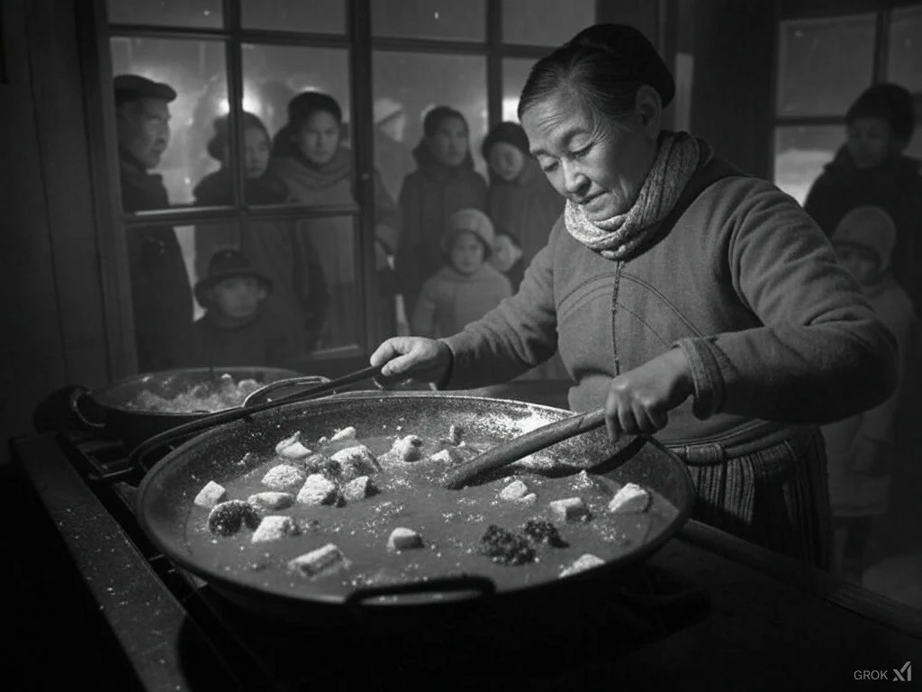 Grandma cooking massaman curry in a dark winter night for all her neighbours in a rural Swedish town. AI-generated by Grok 3.