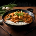 AI-generated food photograph of a vegan Thai Massaman Curry with Smoked Tofu and Seasonal Vegetables