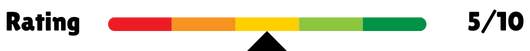 An image of a horizontal rating scale with a score of 5/10. The scale transitions from red on the left (indicating poor) to green on the right (indicating excellent), with a black triangle marker pointing to the midpoint in the yellow section, representing an average rating.