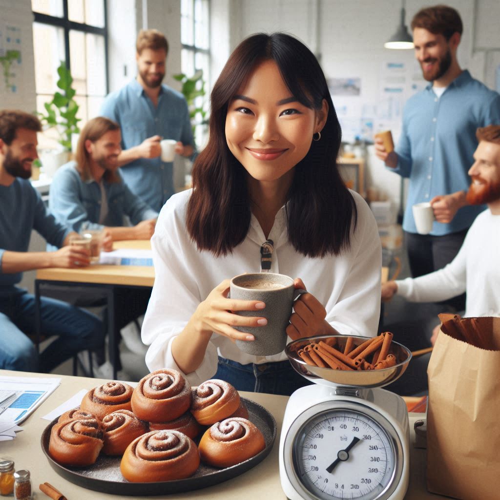 A young woman with shoulder-length dark hair and a bright smile sits at a table in a modern, well-lit office space, holding a mug of coffee. In front of her, a tray of freshly baked cinnamon rolls dusted with powdered sugar sits beside a vintage-style kitchen scale filled with cinnamon sticks. Behind her, a group of casually dressed colleagues in blue and white shirts are chatting and enjoying their drinks, creating a warm and inviting atmosphere. The setting blends a cozy café vibe with a collaborative workspace, making it a perfect scene for a food blog post about homemade treats and coffee breaks.