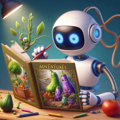 A whimsical 3D-rendered scene featuring a small white robot with glowing blue eyes reading a storybook titled "ADVENTURES." The book displays colorful anthropomorphic vegetables, including smiling purple eggplants and green squash characters. A small green plant creature peeks over the robot's shoulder. On the wooden table surrounding the robot are colored pencils, a pear, a tomato, and other art supplies. The scene is illuminated by a desk lamp in the background, creating a cozy, imaginative atmosphere perfect for a story about food characters coming to life. AI-generated.