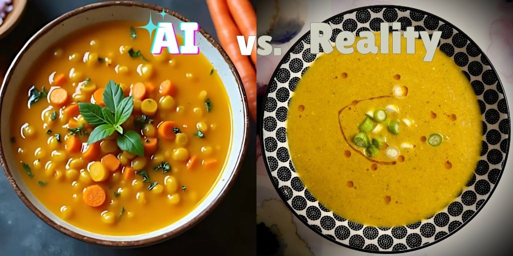 Side-by-side comparison of an AI-generated food image versus the real-life result. On the left, a vibrant bowl of golden-yellow soup with visible lentils, diced carrots, and fresh herbs labeled 'AI.' On the right, a homemade version with a smoother texture, muted color, and a drizzle of oil with green onions, labeled 'Reality.' The contrast highlights the difference between AI food images and real-life cooking results