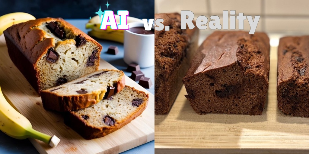 "Side-by-side comparison of banana bread: on the left, a visually idealized version with golden crust, fluffy texture, and prominent chocolate chunks labeled 'AI'; on the right, a more realistic homemade version with darker crust and denser texture labeled 'Reality'."