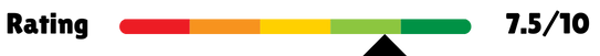 "Rating scale bar showing a score of 7.5 out of 10, with the indicator positioned in the green section, suggesting a positive evaluation."