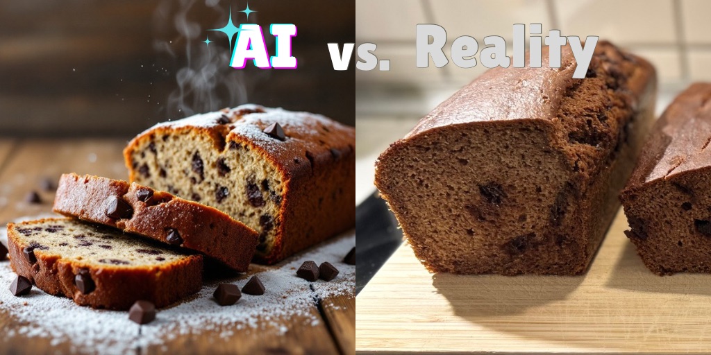 "Side-by-side comparison of a chocolate chip banana bread: on the left, a visually enhanced AI-generated version featuring a perfectly golden crust, steam rising, and powdered sugar sprinkled on top; on the right, the real-life baked version with a darker crust and a less polished appearance, showcasing the contrast between digital expectations and homemade reality."