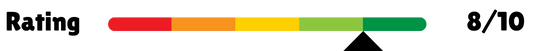Rating scale graphic showing a score of 8 out of 10. The scale is color-coded from red (low rating) to green (high rating), with a black triangle pointing at the green section to indicate the score.