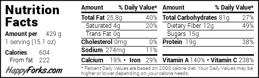 Nutrition facts label for a food item weighing 429 grams per serving (15.1 oz). The label highlights the following details:
- **Calories**: 604 (222 from fat).
- **Total Fat**: 25.8g (40% of daily value), including 4g saturated fat (20%), and 0g trans fat.
- **Cholesterol**: 0mg (0%).
- **Sodium**: 274mg (11%).
- **Total Carbohydrates**: 81g (27%), including 12g dietary fiber (49%) and 15g sugars.
- **Protein**: 19g (38%).
- **Micronutrients**: Calcium (19%), Iron (29%), Vitamin A (140%), and Vitamin C (238%).
The percentages are based on a 2,000-calorie diet.
