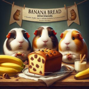 Three adorable guinea pigs sit around a table featuring a freshly baked banana bread studded with chocolate chunks. The table is decorated with ripe bananas, a glass of milk, and cinnamon sticks, creating a cozy and inviting scene. A banner in the background reads "Banana Bread Benchmark," adding a playful touch to this whimsical food-themed setup.