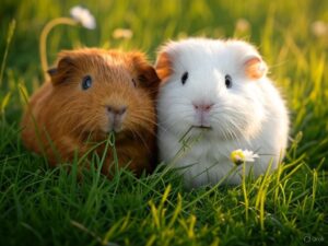 Two guinea pigs sitting together in lush green grass. The guinea pig on the left has a reddish-brown coat with blue eyes, while the one on the right is white with orange ears and is nibbling on a blade of grass. Small white flowers can be seen in the background, creating a natural outdoor setting with warm sunlight illuminating the scene. AI-generated.