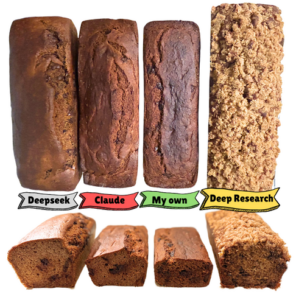 Visual comparison of 4 different banana breads. From left to right: Deepseek, Claude, my own and Deep Research recipes.