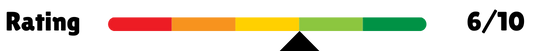 "Rating scale bar showing a score of 6 out of 10, with the indicator positioned in the green section, suggesting a slightly positive evaluation."