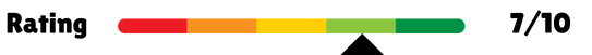 "Rating scale bar showing a score of 7 out of 10, with the indicator positioned in the green section, suggesting a positive evaluation."
