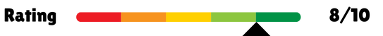 "Rating scale bar showing a score of 8 out of 10, with the indicator positioned in the green section, suggesting a positive evaluation."