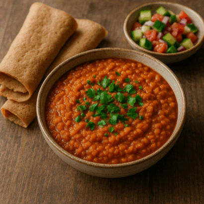 A rustic ceramic bowl filled with rich, red Ethiopian misir wot (spiced lentil stew) garnished with fresh parsley, accompanied by two folded pieces of golden-brown injera flatbread and a small dish of vibrant cucumber, tomato, and red onion salad, all arranged on a textured wooden table with soft natural light and a cozy, blurred background.