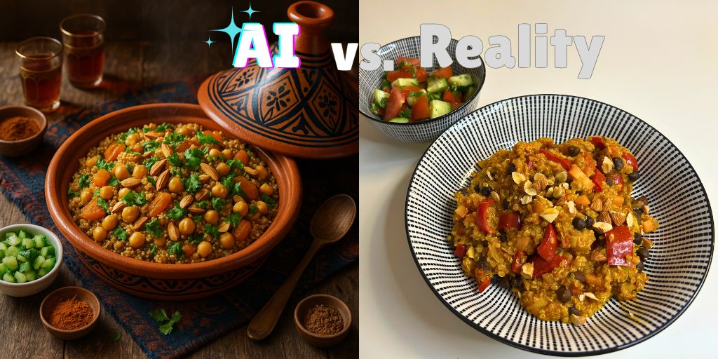 "AI vs. Reality comparison of Moroccan Quinoa Tagine. On the left, an idealized professional photograph shows a perfectly styled tagine in a traditional terracotta dish, garnished with fresh herbs and toasted almonds, surrounded by small bowls of spices and mint tea. On the right, the homemade reality version served in a blue and white patterned bowl shows a hearty mixture of quinoa, chickpeas, vegetables, and nuts with a small cucumber-tomato salad in a matching bowl. Both versions look delicious despite their differences."