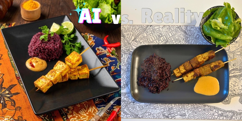 A side-by-side comparison labeled "AI vs. Reality" showing two versions of Indonesian tofu satay with purple rice. On the left, an AI-generated professional photo presents golden tofu skewers, vibrant purple rice, and peanut sauce on a sleek black plate with colorful batik fabric underneath. On the right, the homemade reality version shows the same dish more simply plated with tofu skewers, purple rice, and a dollop of peanut sauce on a dark rectangular plate, with a small bowl of greens visible in the corner. The contrast highlights the difference between idealized food photography and authentic home cooking.