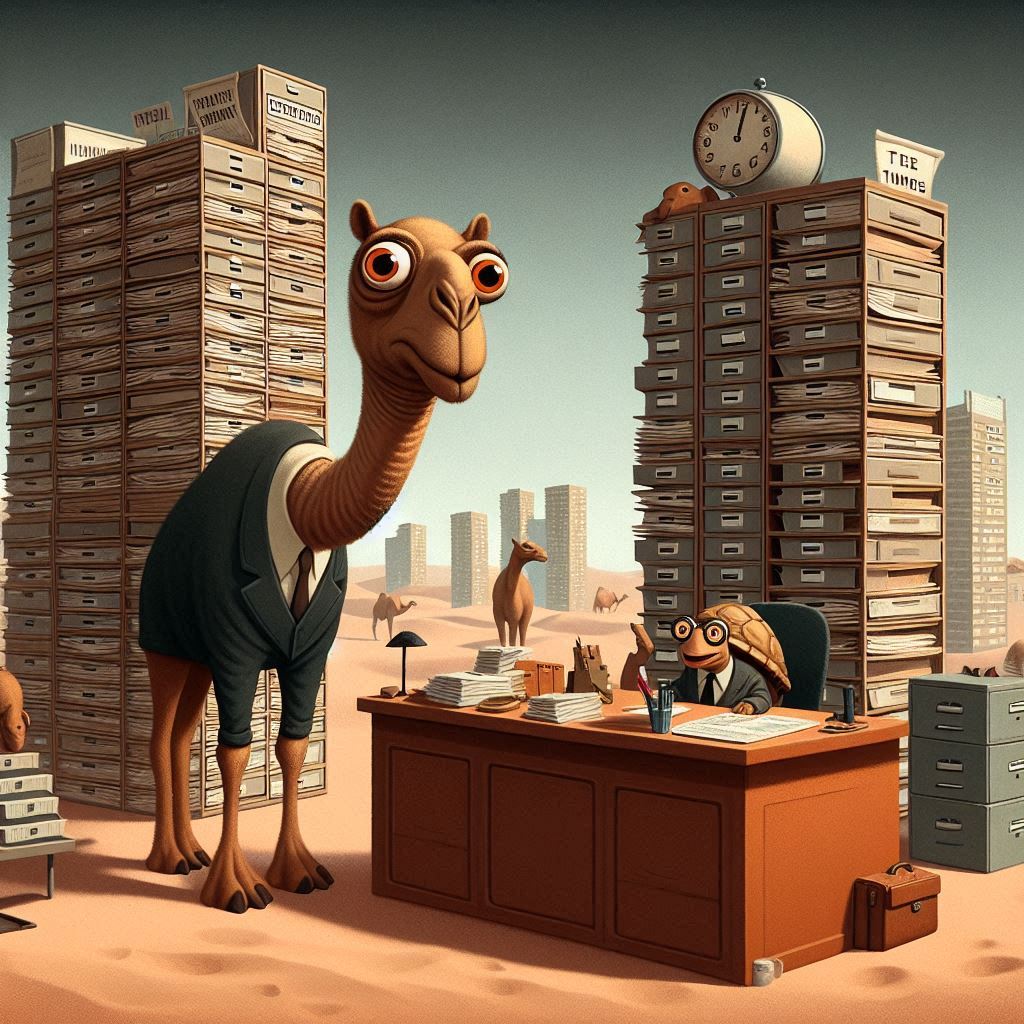 A whimsical, 3D-illustrated scene depicting 'The Desert's Bureaucracy' story that accompanies our Moroccan Quinoa Tagine recipe. A bewildered camel in a business suit stands before a small tortoise bureaucrat seated at a wooden desk. Both characters are surrounded by impossibly tall filing cabinets filled with paperwork. Through the window, a desert landscape with distant camels can be seen, highlighting the Kafkaesque absurdity of Camel K.'s quest for tagine authorization.