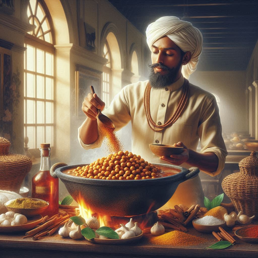 A Sri Lankan cook in traditional white attire and turban carefully sprinkles vibrant spices over a large bowl of chickpea curry in a colonial-era kitchen. Sunlight streams through arched windows, illuminating his concentrated expression as he performs this act of culinary defiance. Surrounding him on a wooden table are the ingredients of his rebellion: cinnamon sticks, garlic cloves, curry powders, and fresh bay leaves. The golden light bathes the scene in warmth as Jayasuriya adds his secret blend of spices-continuing his quiet resistance against British culinary oppression through the preservation of authentic Sri Lankan flavors.