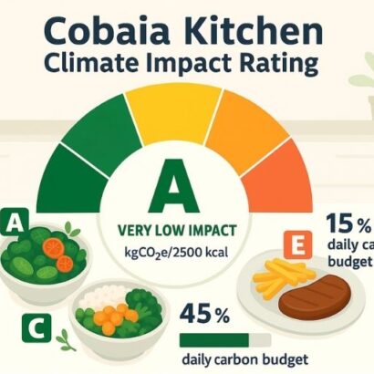 An infographic created by GPT-4o titled "Cobaia Kitchen Climate Impact Rating" featuring a circular gauge meter with climate impact ratings from A to E. The center displays an "A" rating labeled "VERY LOW IMPACT" measured in kgCO2e/2500 kcal. Below the meter are three illustrated meal examples: a bowl of leafy green vegetables with an A rating, a rice bowl with mixed vegetables with a C rating, and a plate containing meat and fries with an E rating. The graphic shows that low-impact meals use 45% of the daily carbon budget while high-impact meals consume 15% of the daily carbon budget. A small decorative plant icon appears in the corner, emphasizing the environmental theme of sustainable food choices.