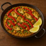 A colorful vegetarian paella served in a traditional black cast iron paellera pan, featuring golden saffron rice topped with vibrant red bell pepper strips, bright green peas, chickpeas, and quartered artichoke hearts, garnished with fresh lemon wedges on a rustic wooden surface.
