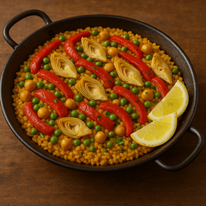 A colorful vegetarian paella served in a traditional black cast iron paellera pan, featuring golden saffron rice topped with vibrant red bell pepper strips, bright green peas, chickpeas, and quartered artichoke hearts, garnished with fresh lemon wedges on a rustic wooden surface.