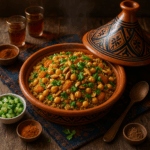 A vibrant Moroccan-inspired quinoa tagine served in a rustic terracotta dish with traditional blue patterns, filled with golden quinoa, chickpeas, dried apricots, and toasted almonds, garnished with fresh cilantro. The tagine lid rests beside the dish on a weathered wooden table adorned with deep blue and terracotta textiles. A small bowl of cucumber-mint salad, Moroccan tea glasses, wooden spoon, and bowls of spices (cinnamon, cumin, paprika) complete the warm, naturally lit scene with steam rising gently from the freshly made dish.