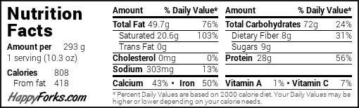 Black and white nutrition facts label showing per-serving values for a plant-based meal: 293 grams per serving, 808 calories, 49.7g total fat (20.6g saturated), 72g carbohydrates (8g fiber, 9g sugar), 28g protein, 303mg sodium, and notable percentages of calcium and iron.