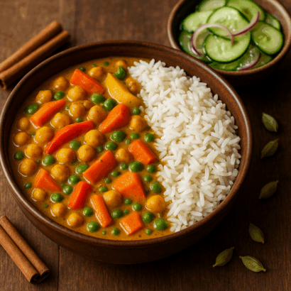 A rustic wooden table displays a deep earthenware bowl filled with a vibrant Sri Lankan-style chickpea and vegetable curry, featuring golden chickpeas, bright carrots, green peas, and bell peppers in a creamy amber coconut sauce. Fluffy basmati rice sits neatly beside the curry, with each grain distinct. A small bowl of fresh cucumber salad with red onion slices in a glossy vinegar dressing rests nearby. Cinnamon sticks and cardamom pods are scattered as props, adding a warm, authentic touch.