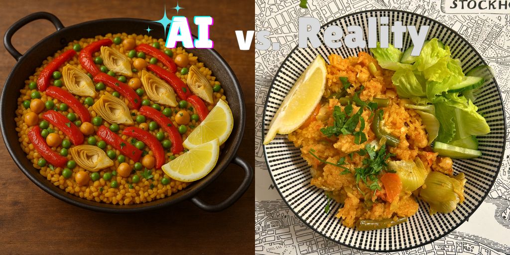 Side-by-side comparison showing Spanish-style saffron rice with chickpeas and roasted vegetables: left image displays the complete dish in a traditional black paella pan with golden rice, chickpeas, green peas, red bell pepper strips, artichoke hearts, and lemon wedges; right image shows an individual plated serving on a black and white striped plate, garnished with fresh lettuce leaves, parsley, and lemon wedges, presented on a map background.