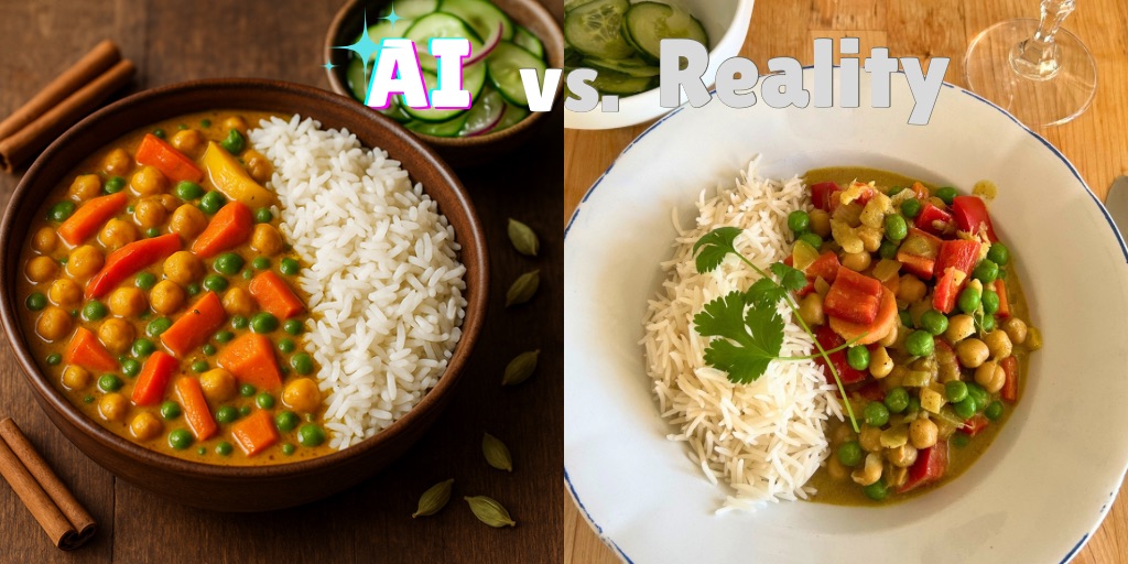 A side-by-side comparison titled "AI vs. Reality" showing two versions of a Sri Lankan-inspired chickpea curry with rice. On the left is an idealized, perfectly styled bowl with vibrant orange curry containing evenly distributed chickpeas, carrots, and green peas alongside pristine white rice in a rustic brown bowl. On the right is the home-cooked reality: a flatter, less photogenic presentation in a white dish with more varied vegetables including red bell peppers, and a less uniform appearance. Both dishes feature a small side of cucumber salad, highlighting the contrast between professional food photography and actual home cooking results.