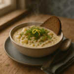 A warm, inviting bowl of creamy Nordic potato-lentil stew sits on a matte-gray stoneware plate atop a rustic wooden table. The stew is garnished with fresh dill fronds and a twist of lemon zest, with steam rising gently from its surface. A slice of dark rye bread leans casually against the bowl, and a vintage silver spoon rests on a folded sage-green linen napkin. Soft natural light from a nearby window highlights the stew’s velvety texture, while the blurred background reveals a faint Nordic-style cloth in cool tones.