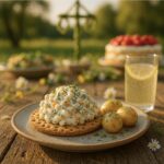 A vibrant photo of vegan Skagen salad on knäckebröd, made with cannellini beans, dill, and chives. The plate, which also holds new potatoes, sits on a rustic table outdoors with a Midsommar maypole and strawberry cake in the soft-focused background.