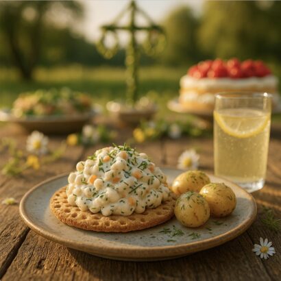 A vibrant photo of vegan Skagen salad on knäckebröd, made with cannellini beans, dill, and chives. The plate, which also holds new potatoes, sits on a rustic table outdoors with a Midsommar maypole and strawberry cake in the soft-focused background.