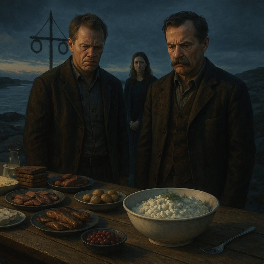 A dramatic, cinematic digital painting of a tense Swedish Midsommar gathering at twilight on a rocky island. The focus is on two stern, middle-aged men standing by a smörgåsbord table, pointedly ignoring a large bowl of plant-based Skagenröra, a vegan shrimp salad, that sits untouched between them. In the background, a young woman looks on with resignation near a simple maypole against the melancholic sky. The low, golden and blue light creates long shadows, evoking a mood of quiet, unspoken family conflict.