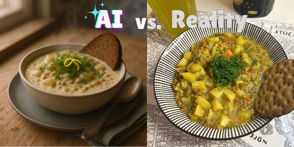 Side-by-side comparison image showing "AI vs. Reality" - on the left, an AI-generated photo of a creamy soup in a ceramic bowl with dill garnish and dark bread; on the right, a real photograph of Nordic potato-lentil stew served in a striped bowl with chunky potatoes, lentils, fresh dill, and crispbread on newspaper.
