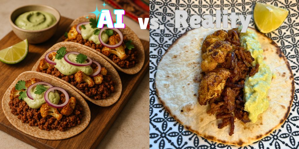 Split-screen comparison image showing "AI vs Reality" with three perfectly styled Peruvian-inspired cauliflower tacos on a wooden board with lime wedges and green sauce on the left side, contrasted with a single more realistic homemade taco with golden roasted cauliflower, vegan meat, and avocado crema on a patterned tile background on the right side, illustrating the difference between idealized food photography and actual home cooking results.