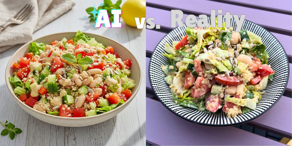Side-by-side comparison of two bowls of Mediterranean quinoa and white bean salad: on the left, a bright and perfectly styled AI-generated version with neatly arranged vegetables and a mint garnish, labeled "AI"; on the right, a real-life homemade version with the same ingredients mixed together in a more casual, less structured presentation, labeled "Reality." The text "AI vs. Reality" appears at the top of the image, highlighting the humorous contrast between idealized food photography and everyday cooking results.