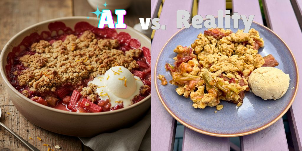 A side-by-side comparison image labeled "AI vs. Reality" showing a rhubarb crumble dessert: on the left, a perfectly styled version in a round baking dish with vibrant red rhubarb, golden crumble topping, and a pristine scoop of vanilla ice cream; on the right, a more realistic homemade version served on a blue plate with scattered crumble, cooked rhubarb pieces, and a scoop of ice cream, demonstrating the difference between idealized food photography and actual home cooking results.