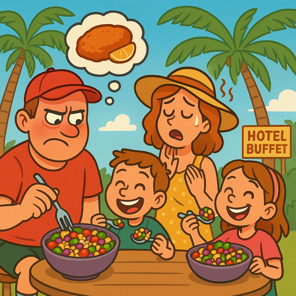 A cartoon illustration of a German family on holiday in Mallorca, sitting at an outdoor table under palm trees near a hotel buffet sign. The father, wearing a red shirt and cap, looks puzzled at his bowl of colorful Mediterranean salad while imagining a schnitzel. The mother, in a yellow dress and sun hat, fans herself and looks overwhelmed by the heat. Meanwhile, the two children happily eat their salads, smiling and enjoying the meal. The scene is bright, cheerful, and playful, capturing the humorous contrast between the skeptical parents and the enthusiastic kids.