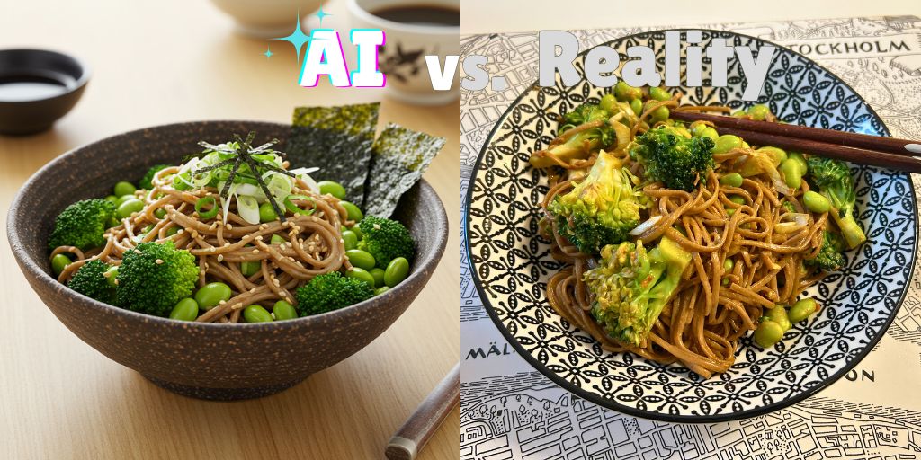 Side-by-side comparison of soba noodle bowls labeled "AI vs. Reality" - the left shows an idealized version with perfectly arranged buckwheat noodles, bright green broccoli florets, edamame beans, and upright nori sheets in a dark speckled ceramic bowl; the right shows a real-life recreation with soba noodles and broccoli in a decorative black and white geometric patterned plate, demonstrating the difference between food styling expectations and actual cooking results.