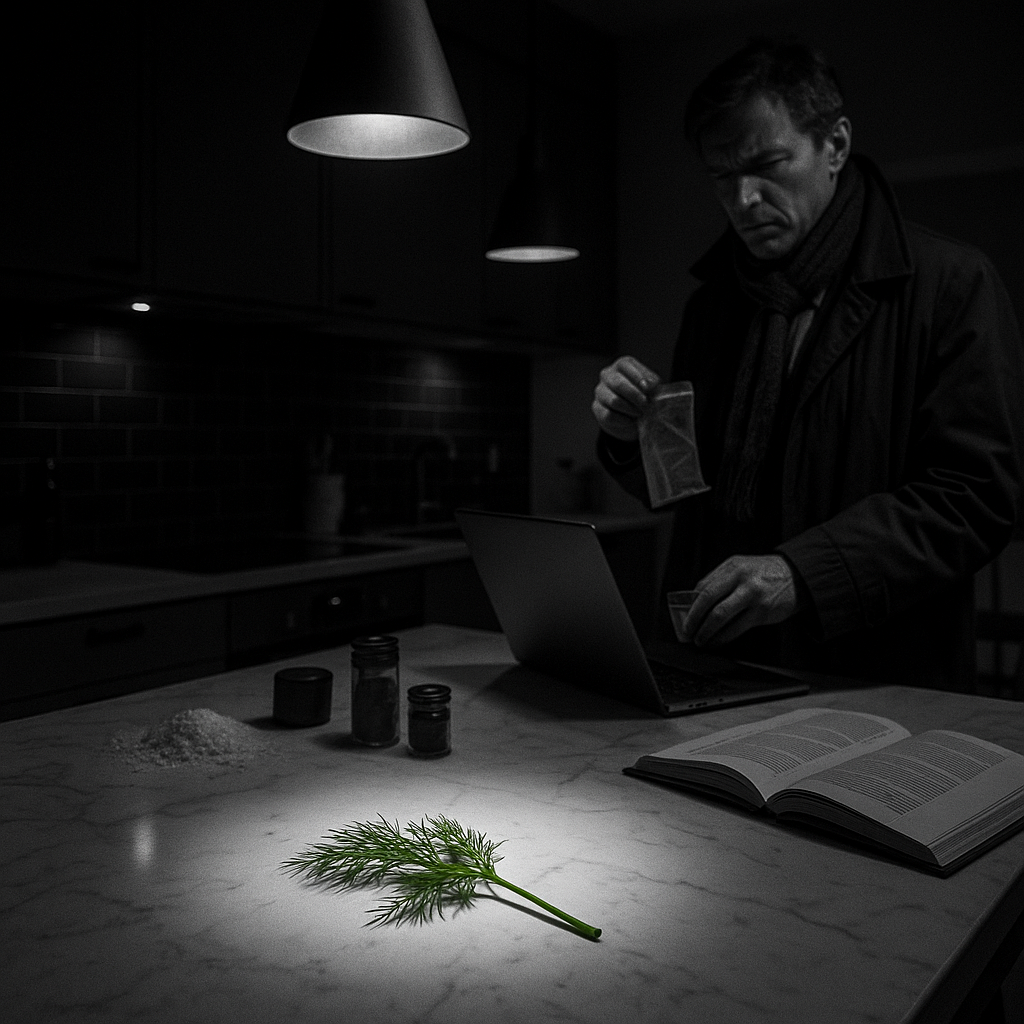 A dramatic black and white Nordic noir photograph of a modern Copenhagen kitchen featuring a single bright green dill stalk illuminated on a white marble countertop in the foreground, with the silhouette of a detective in a coat holding an evidence bag while examining a laptop in the dimly lit background, surrounded by scattered cooking ingredients and modern Danish design elements.