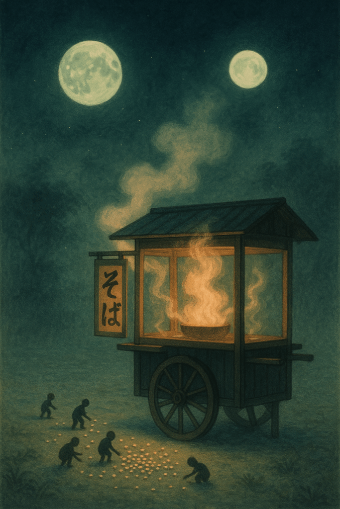 Surreal digital art depicting a Japanese soba noodle cart at night. In the dark sky, a large silver moon and a smaller green moon shine down, while six tiny, silhouetted figures, representing the Little People from Murakami's 1Q84, march across the cart's steaming roof.