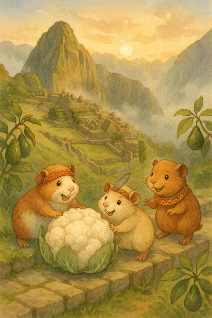 Whimsical watercolor illustration of three adorable guinea pigs wearing traditional Inca headbands gathered around a large white cauliflower on the ancient stone terraces of Machu Picchu, with the iconic mountain peaks rising in the golden sunset background and avocado plants dotting the scene - depicting the charming tale of how guinea pigs introduced cauliflower to Inca cuisine.