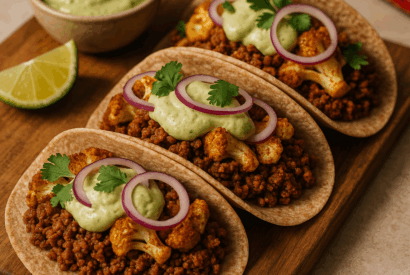 Thumbnail for Peruvian-Inspired Spicy Cauliflower and Vegan Meat Tacos with Avocado Lime Crema