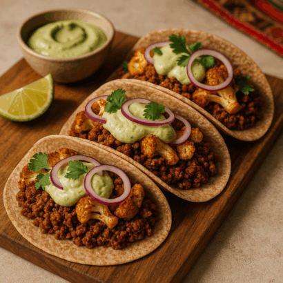 Three Peruvian-inspired vegan tacos artfully arranged on a rustic wooden board, featuring golden-brown spiced cauliflower florets and seasoned plant-based meat in warm whole wheat tortillas, topped with creamy pale green avocado-lime crema, fresh cilantro leaves, and thin red onion slices. A small bowl of extra avocado crema and a lime wedge sit alongside the tacos. The image is captured with natural lighting at a 45-degree angle against a clean, neutral background with subtle Peruvian textile accents, showcasing the vibrant colors and textures of this healthy plant-based dish.