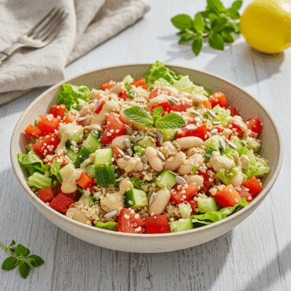 A vibrant Mediterranean quinoa and white bean salad served in a rustic ceramic bowl, featuring diced tomatoes, cucumber, red bell pepper, white beans, quinoa, and chopped lettuce, all topped with a creamy tahini dressing and garnished with sunflower seeds and a fresh mint sprig. The bowl sits on a light wooden table with a linen napkin, fresh herbs, and a lemon in the background, creating a fresh and sunny Mediterranean atmosphere.