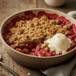 A warm rhubarb crumble served in a cream-colored ceramic bowl, featuring ruby-red cooked rhubarb topped with golden-brown oat crumble and a scoop of vanilla ice cream garnished with orange zest, sitting on a rustic wooden table with scattered crumbs around the bowl.