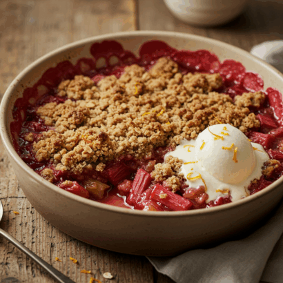 A warm rhubarb crumble served in a cream-colored ceramic bowl, featuring ruby-red cooked rhubarb topped with golden-brown oat crumble and a scoop of vanilla ice cream garnished with orange zest, sitting on a rustic wooden table with scattered crumbs around the bowl.