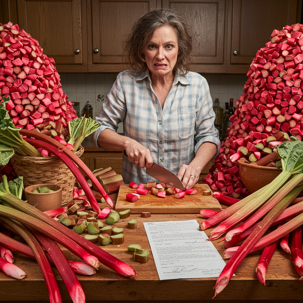 A woman with a concerned expression stands in a kitchen surrounded by an overwhelming abundance of fresh rhubarb, holding a knife while chopping the pink and green stalks on a wooden cutting board, with towering piles of diced rhubarb on either side and fresh rhubarb stalks scattered across the counter, suggesting the daunting task of processing a massive rhubarb harvest.