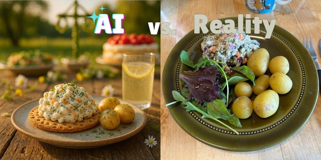 A side-by-side comparison image labeled "AI vs. Reality," contrasting two photos of a plant-based Swedish Skagen salad meal. The left image, "AI," is a professionally styled, idealized outdoor photo showing a perfect scoop of the creamy salad on a crispbread, set against a sunny Midsommar feast with a maypole. The right image, "Reality," shows the home-cooked version of the meal on a green plate indoors, with a portion of the Skagen salad, boiled potatoes, and a side of mixed greens.